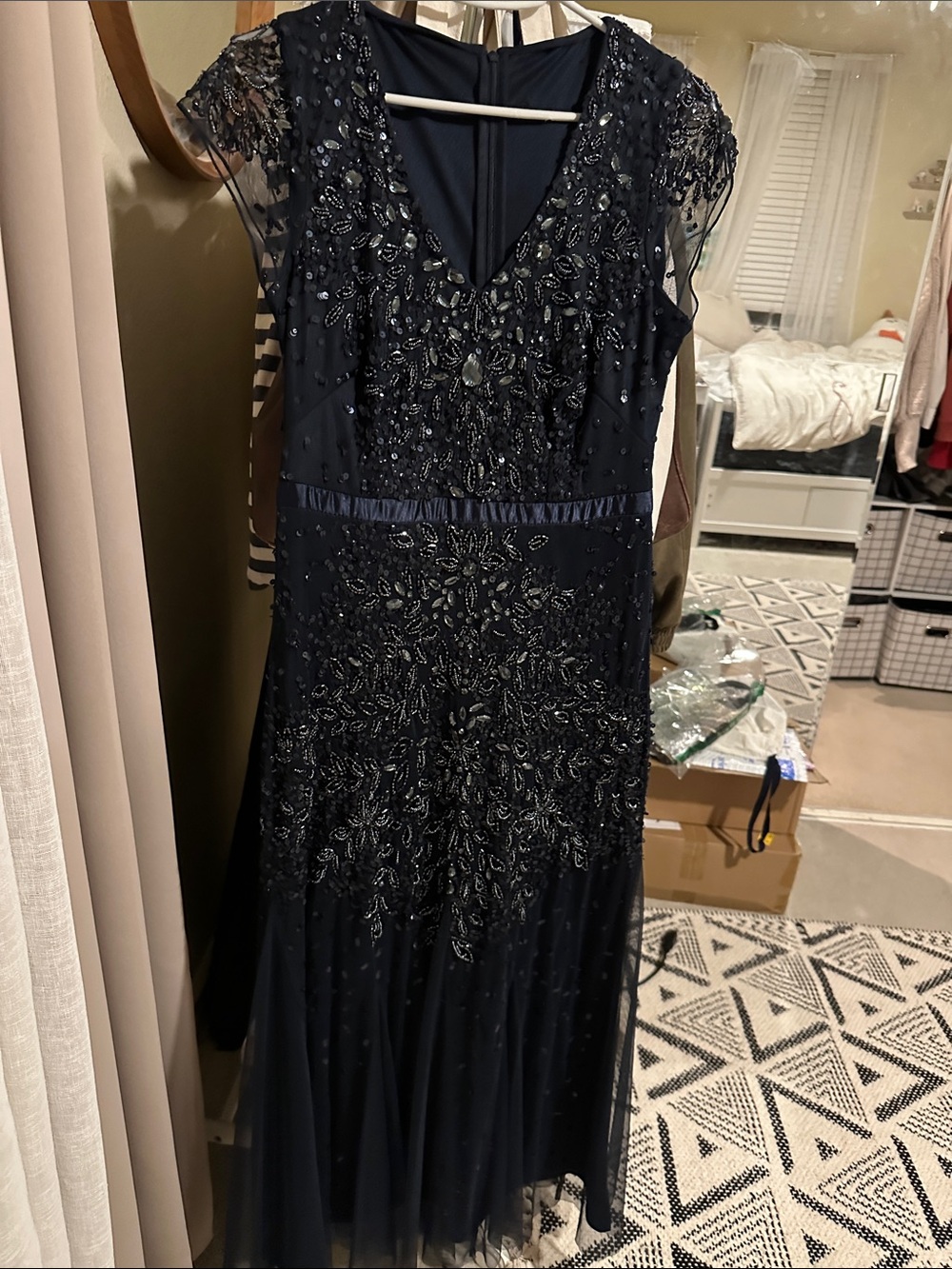 Adrianna Papell Navy Beaded V-Neck Formal Dress